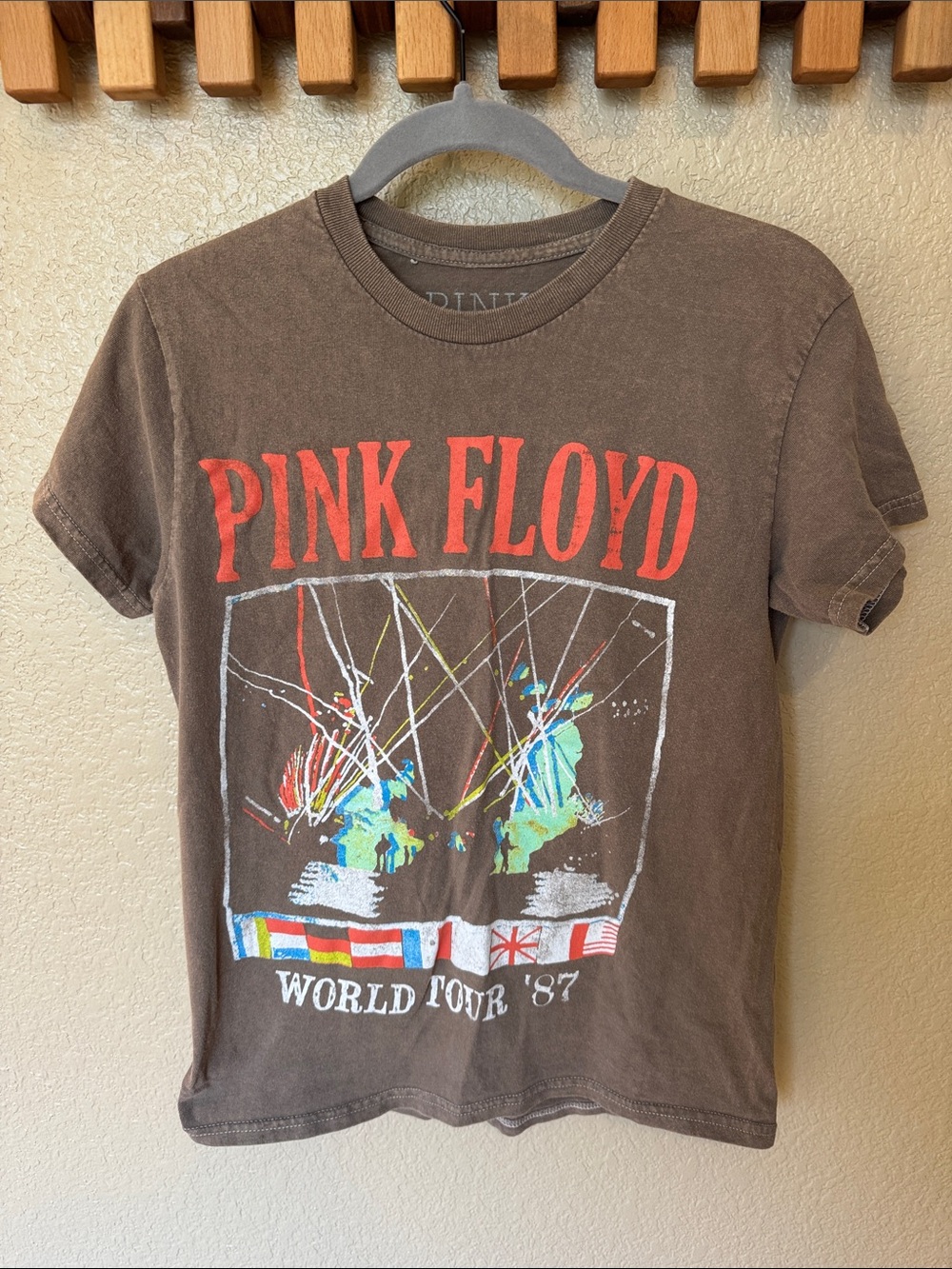 Pink Floyd Brown Kids Tee with Red Logo and Multicolor Tour Graphic